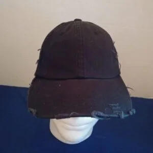 front view of Distressed black baseball hat by DIST RICT