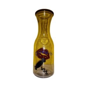 wine carafe with vinyl lips, cork screw and the wording screw it