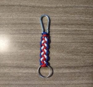 red, white and blue paracord keychain