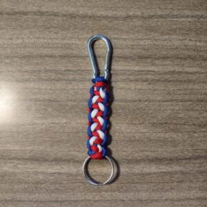 red, white and blue paracord keychain