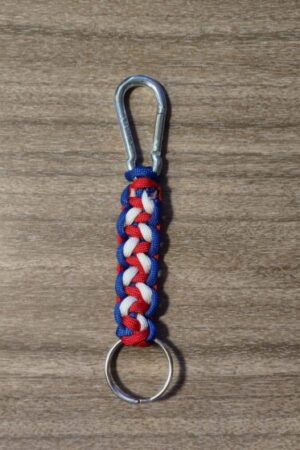 red, white and blue paracord keychain