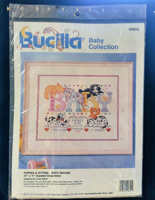 puppies and kittens birth record cross stitch kit