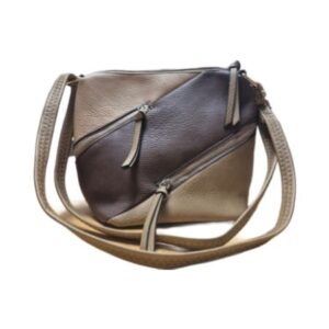 Stylish two-tone handbag with contrasting panels and top handles