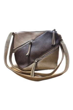 Stylish two-tone handbag with contrasting panels and top handles