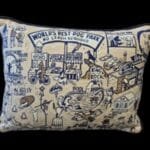 Decorative throw pillow featuring a playful dog illustration