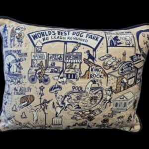 Decorative throw pillow featuring a playful dog illustration