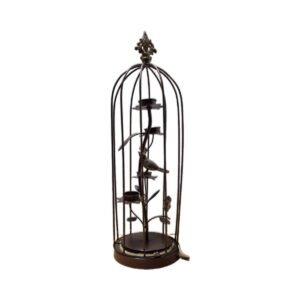 bird cage with birds and candleholders
