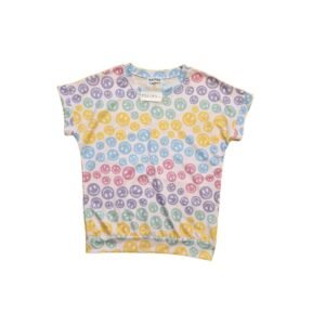 Katydid top with multi-colored smiley faces