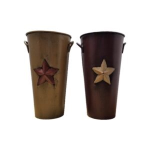 two metal canister containers with star attached to front