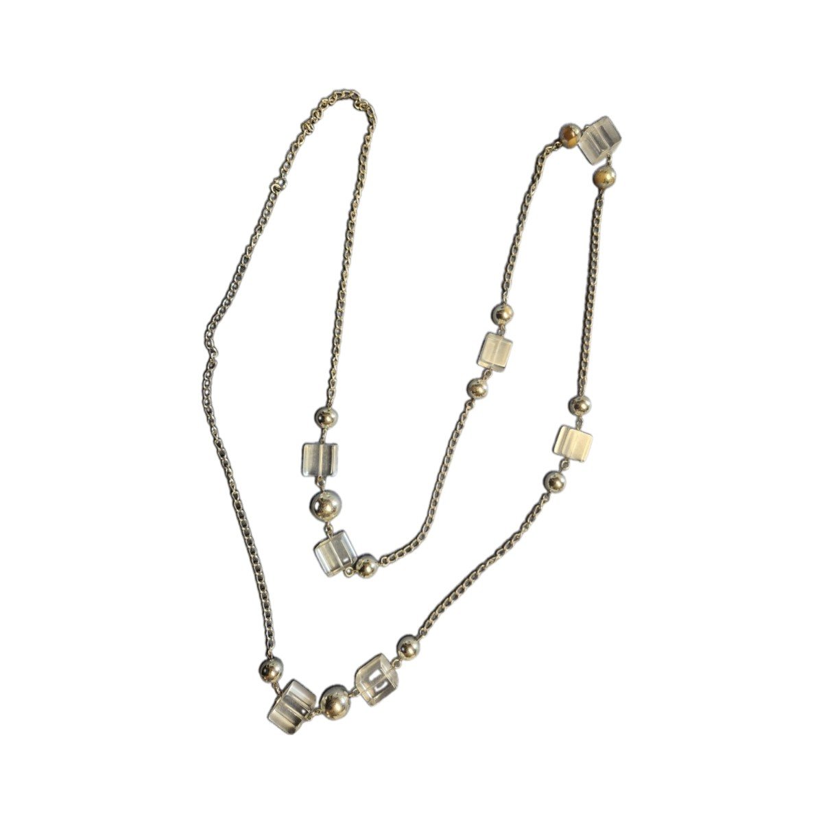Vintage 52 inch Silver‑Tone Necklace with Acrylic Cube Beads 1 52" vintage costume jewelry with clear acrylic cubes and silver spheres