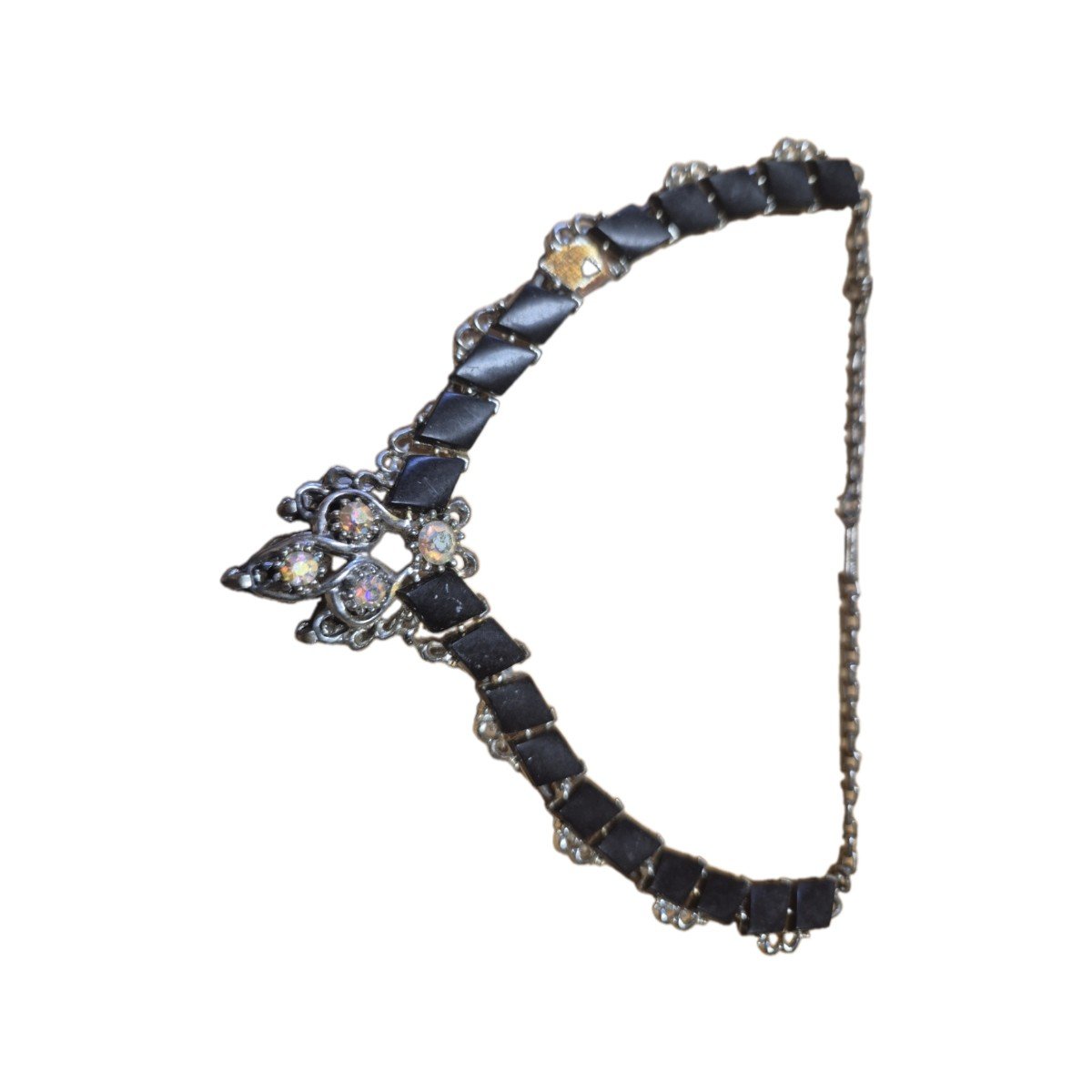 Vintage Black Thermoset & AB Rhinestone Choker Necklace – 1950s/60s Cocktail Style – 16” 2 A mid‑century choker featuring glossy black thermoset links and a sparkling aurora borealis rhinestone centerpiece