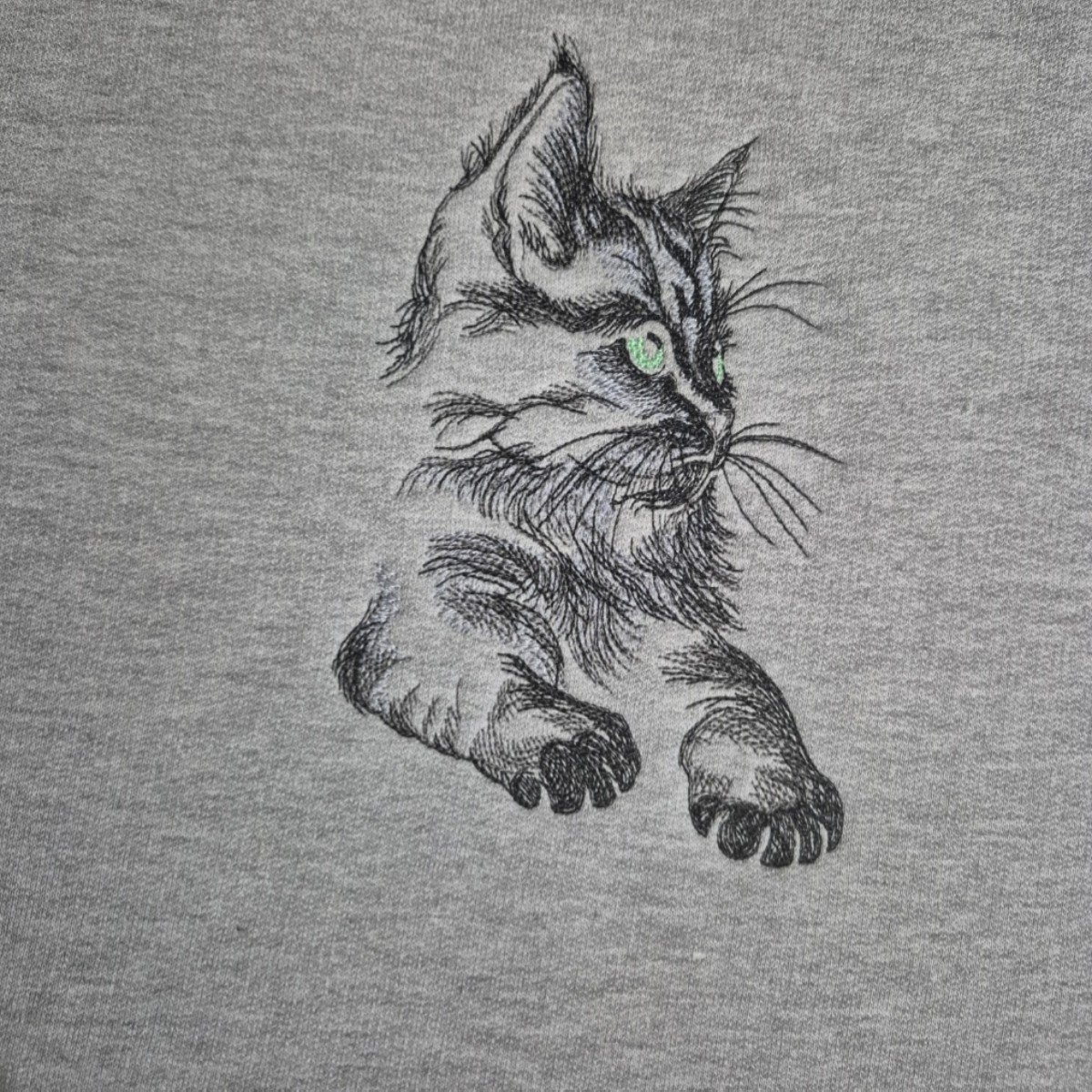 Gray Sweatshirt with Embroidered Gray Cat – Handmade 2XL 1 black cat with green eyes embroidered on a Fruit of the Loom sweatshirt