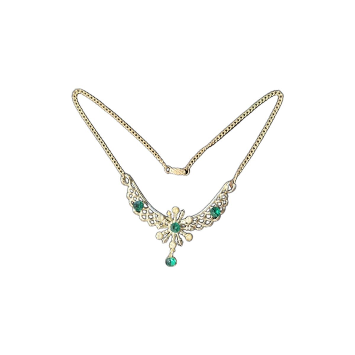 Vintage Silver and Gold‑Tone Filigree Necklace with Emerald‑Green Glass Stones 1 vintage retro choker necklace with emerald green stones