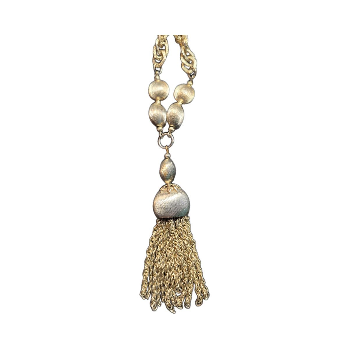 Vintage Gold‑Tone Beaded Tassel Necklace — 1960s/1970s, Unmarked 2 close up of vintage tassel from necklace 1960's to 1970's era