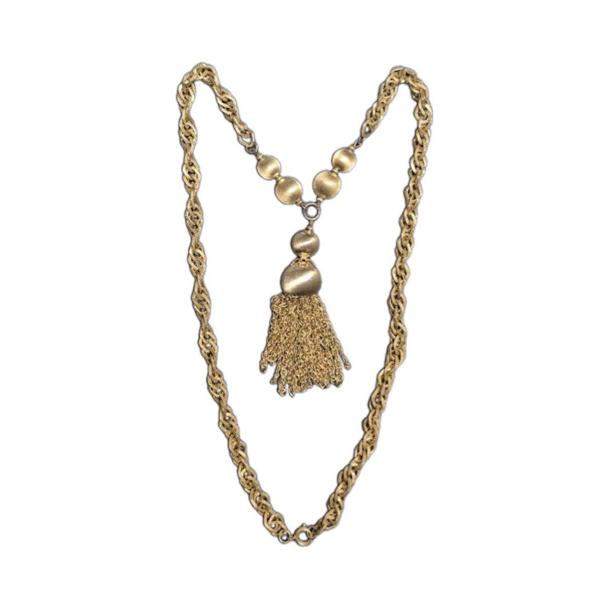 Vintage Gold‑Tone Beaded Tassel Necklace — 1960s/1970s, Unmarked 1 Vintage gold-tone tassel necklace from the 1960's to 1970's era