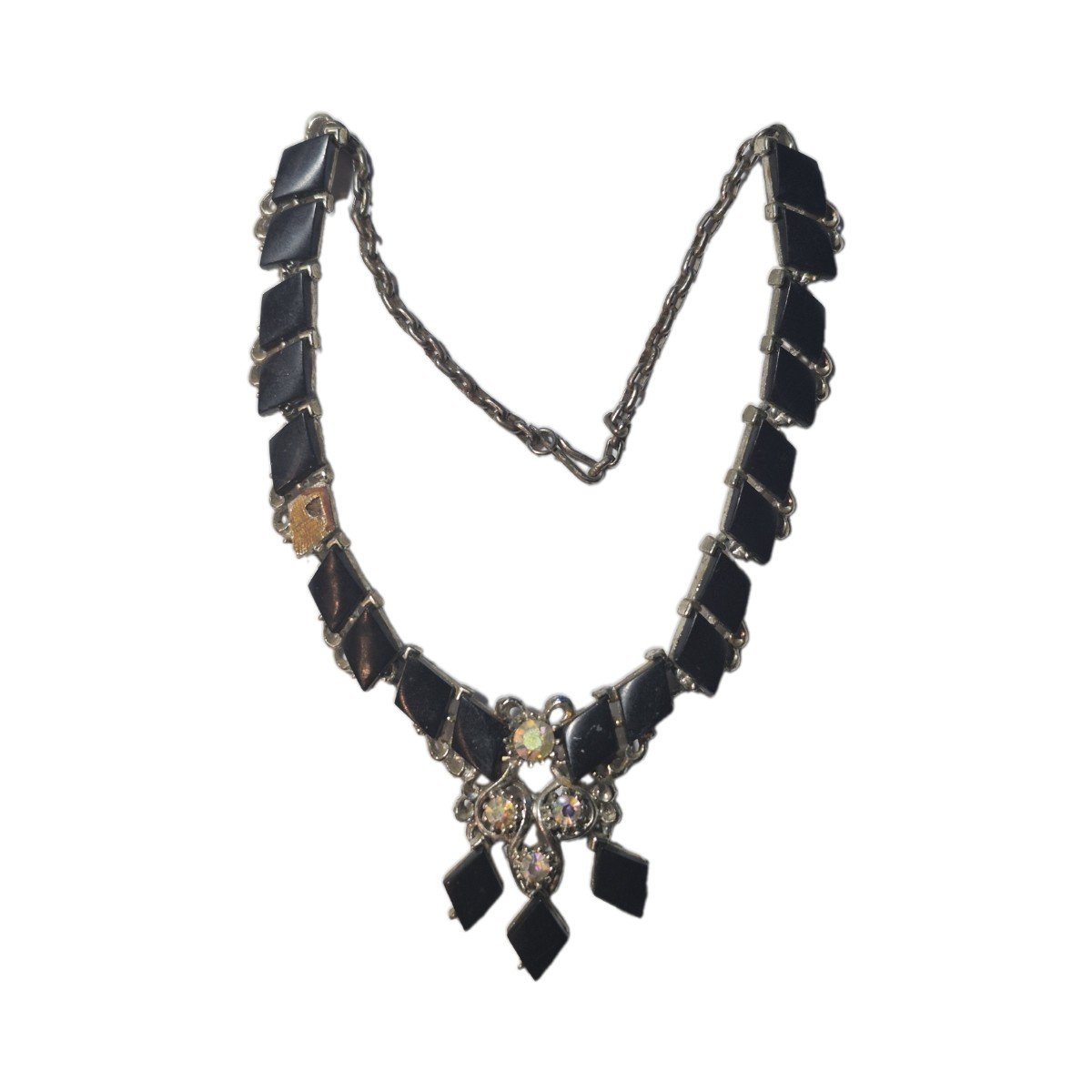Vintage Black Thermoset & AB Rhinestone Choker Necklace – 1950s/60s Cocktail Style – 16” 1 A 1950's 1960's choker with black thermoset links and sparkling aurora borealis rhinestones