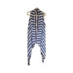 Blue and white striped kimono vest with nautical steering wheel and anchor print hanging on a hanger, open front with draped pointed hem.