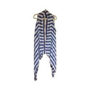 Blue and white striped kimono vest with nautical steering wheel and anchor print hanging on a hanger, open front with draped pointed hem.