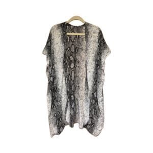Women’s lightweight 34-inch kimono with black, gray, and white snakeskin print on hanger