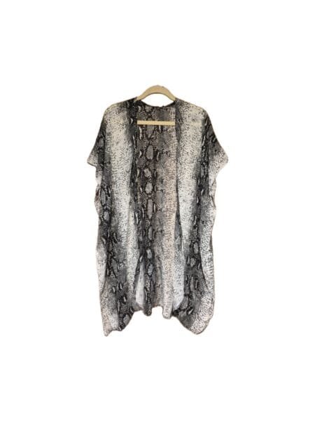 Summer Clothing, Kimonos, Wraps, Magic Pantz and Women's top 1 Women’s lightweight 34-inch kimono with black, gray, and white snakeskin print on hanger