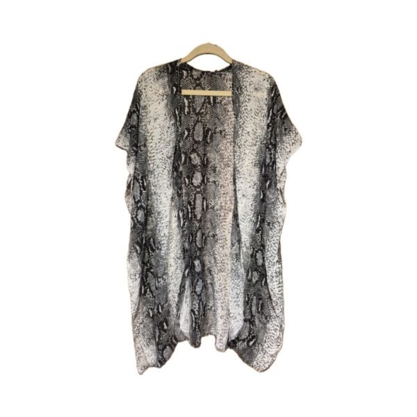 Summer Clothing, Kimonos, Wraps, Magic Pantz and Women's top 1 Women’s lightweight 34-inch kimono with black, gray, and white snakeskin print on hanger