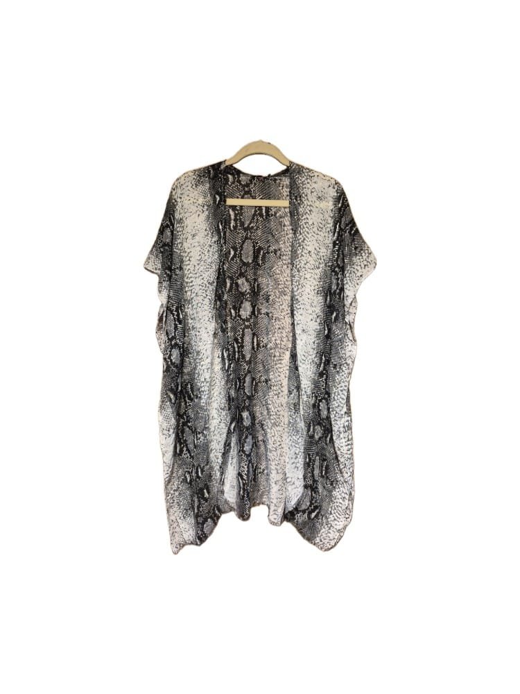 Women’s Kimono – Neutral Snakeskin Print – Lightweight Open Front Cardigan 1 Women’s lightweight 34-inch kimono with black, gray, and white snakeskin print on hanger