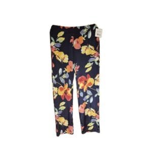 Black floral wide‑leg pants with multicolor flowers