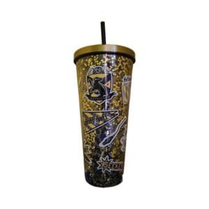 32 oz Hufflepuff insulated cup with gold lid, black straw, and house crest graphics