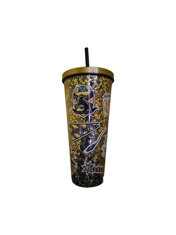 Hufflepuff insulated cup with straw 1 32 oz Hufflepuff insulated cup with gold lid, black straw, and house crest graphics