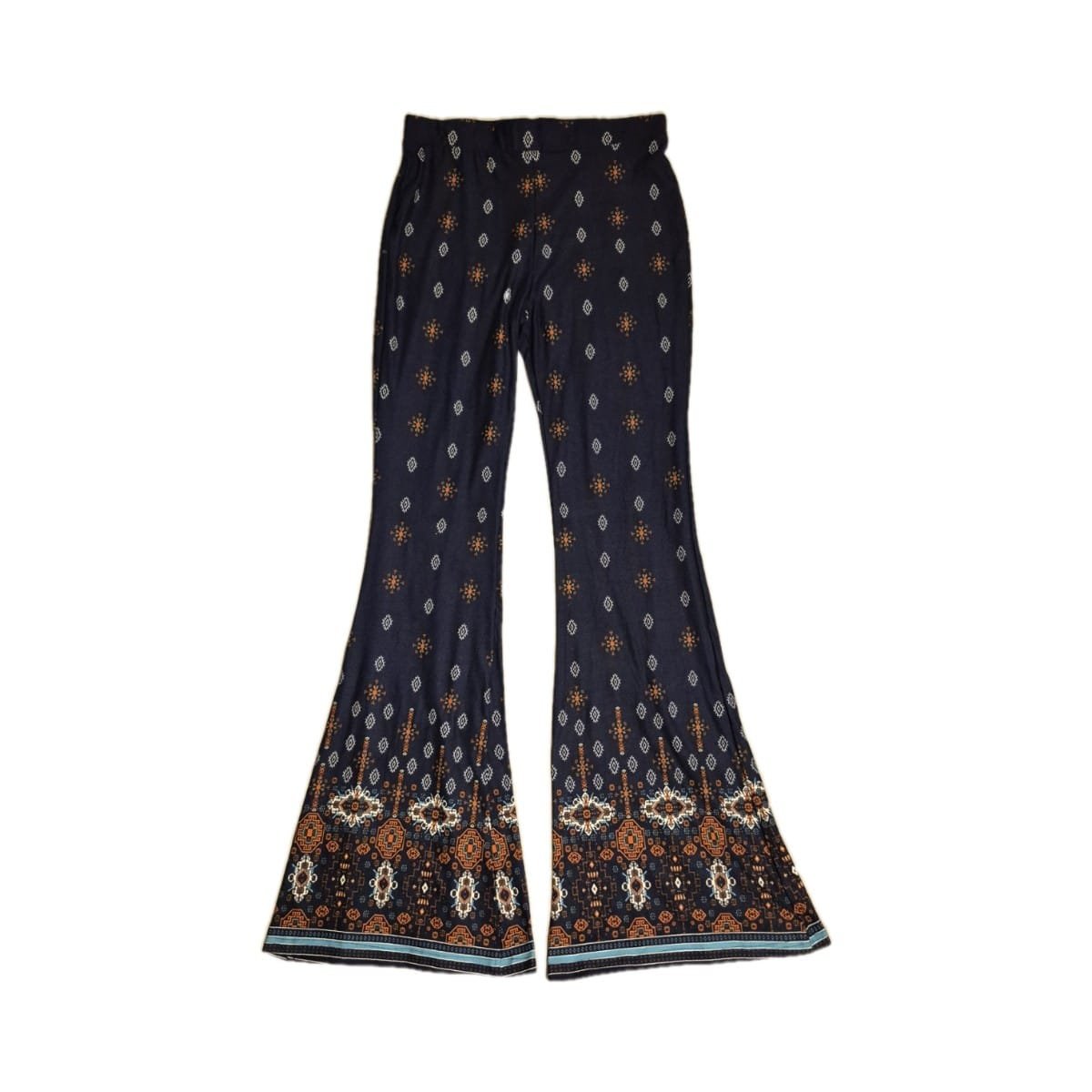 Boho Bell Bottom Stretch Pants – Black/Orange/Blue Print 1 Magic Pantz with Aztec design bell bottoms