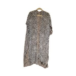 Women’s sheer 46-inch leopard print kimono with 3/4 sleeves on hanger