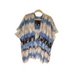 Women’s lightweight 29-inch tie-dye kimono in blue, black, and white on hanger