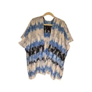 Women’s lightweight 29-inch tie-dye kimono in blue, black, and white on hanger