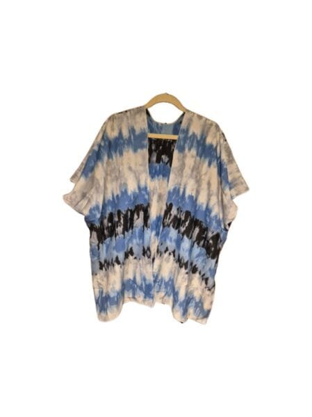 Women’s lightweight 29-inch tie-dye kimono in blue, black, and white on hanger