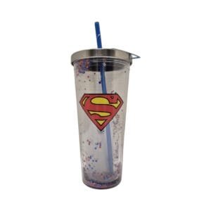 Superman 20 oz insulated cup with straw with a white background