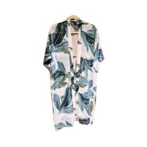 Avenue 9 tropical leaf print kimono with blue‑green leaves on semi‑sheer fabric, hanging on a hanger.