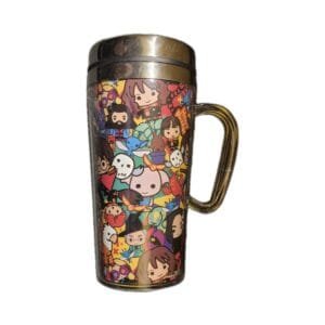 14 oz Harry Potter insulated mug with stainless steel interior, acrylic exterior, slide‑lock lid, and chibi character collage