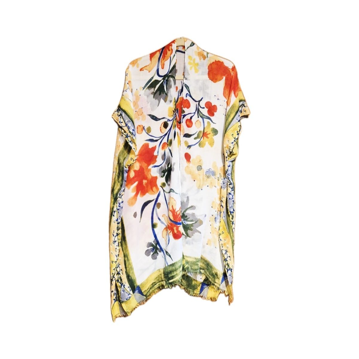 Floral Watercolor Kimono – 36" Lightweight Cover‑Up 1 watercolor kimono with orange, yellow, and green floral print displayed against a white background.