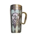 14 oz Slytherin insulated travel mug with stainless steel interior, acrylic exterior, slide‑lock lid, and green snake crest artwork