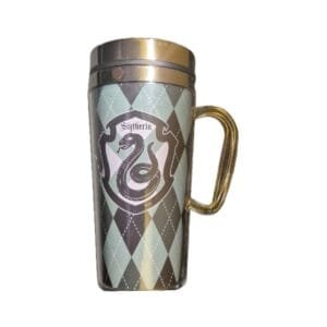14 oz Slytherin insulated travel mug with stainless steel interior, acrylic exterior, slide‑lock lid, and green snake crest artwork