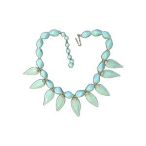 turquoise glass teardrop bead necklace marked Japan with visible tip wear