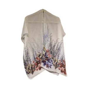 Sheer white kimono hanging on a hanger with colorful flowers along the bottom, approx. 26 inches long.