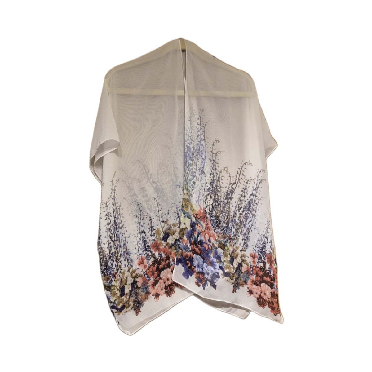 White Floral Kimono - Sheer 26" Colorful Flower Wrap 1 Sheer white kimono hanging on a hanger with colorful flowers along the bottom, approx. 26 inches long.