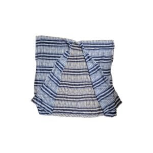 Blue and white striped square-cut kimono displayed open to show the relaxed fit, integrated sleeves, and lightweight silky-feel fabric.