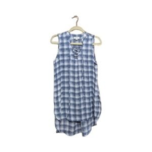 Sleeveless blue and white plaid blouse with tie front