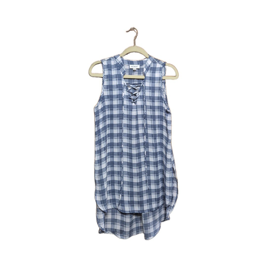 Women's Blue and White Plaid Sleeveless Lace-Up High-Low Blouse Top S/M USA Made 1 Sleeveless blue and white plaid blouse with tie front