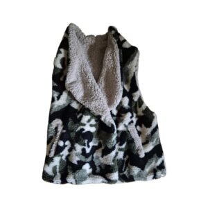 Reversible vest showing camo fleece side with pockets and tan sherpa side without pockets, open-front sleeveless design.