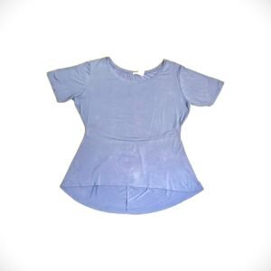 Front view of Amanda Blu & Co denim blue women's plus size 2X fit and flare tunic top with scoop neckline and short sleeves.