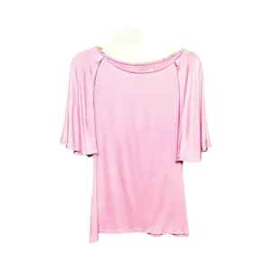 Front view of Laura Janelle light pink women's size small tunic top featuring cold shoulder flutter sleeves and scoop neckline.